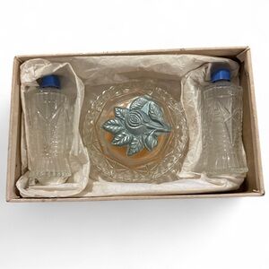 Vintage Vanity Powder Set Glass Decantes & Powder Jar with Blue Rose Design
